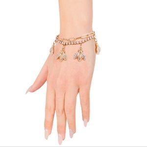 Gold HoneyBee Rhinestone Crystal Chain Toggle Dangle Charm Statement Bracelet